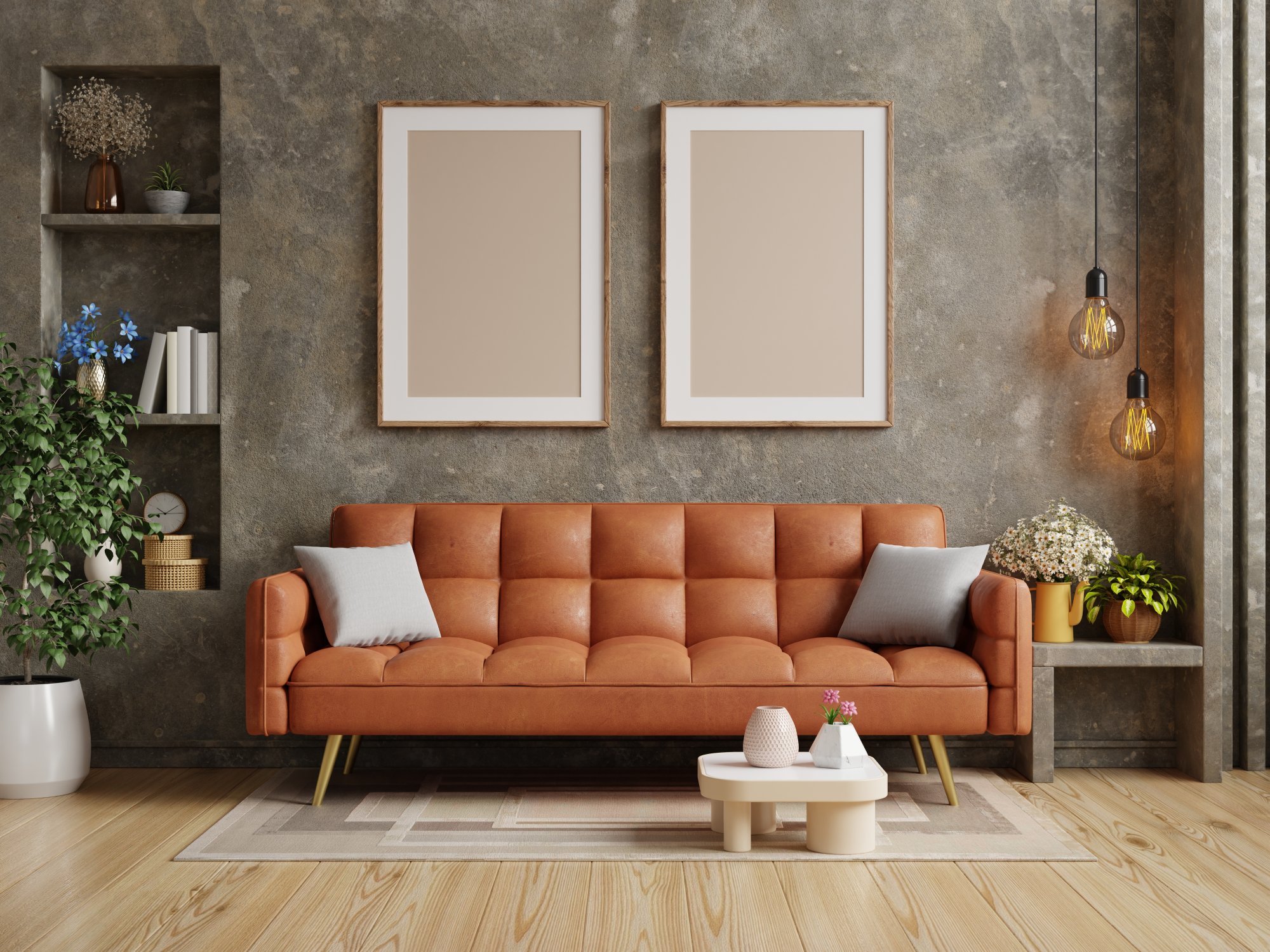 living-room-have-orange-leather-sofa-poster-frame-mock-up-concrete-wall